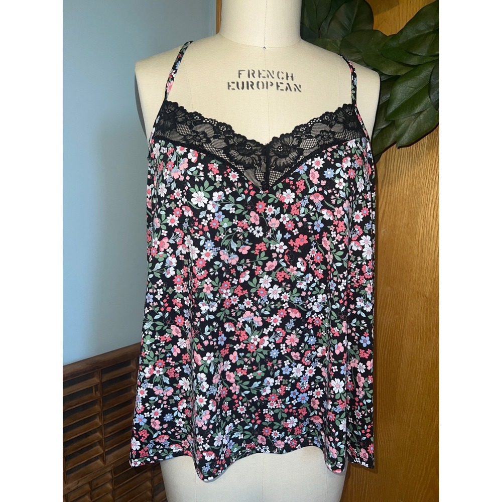Joyspun‎ Camisole Women 3X Black Floral Lace Trim Adjustable Straps Sleep Top